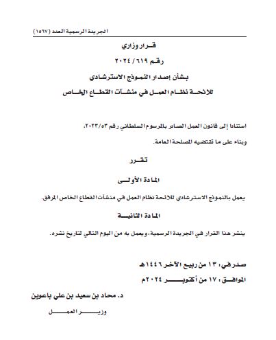 قرار وزاري، رقم 619/2024 بشأن إصدار النموذج الاسترشادي للائحة نظام العمل في منشآت القطاع الخاص
