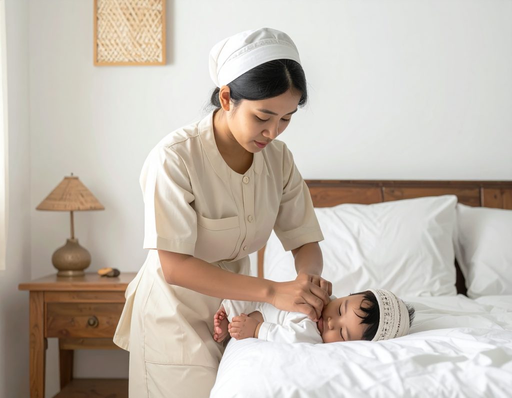 Firefly_-A female Asian nanny (Filipino, Indian, or Bangladeshi) in a modest, practical unifo 751591